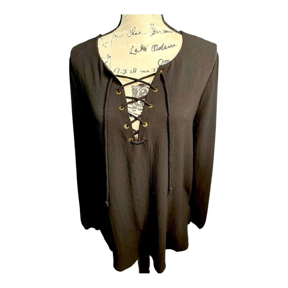 Belle du Jour Black Boho Lace-Up Tunic Blouse Women’s L Long Sleeve Peasant Top